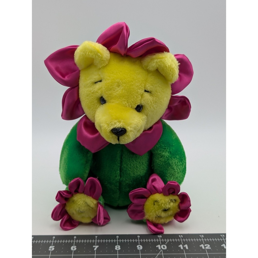 Nanco Yellow Bear Plush Sunflower 11 Inch 2000 Green Stuffed Animal Toy